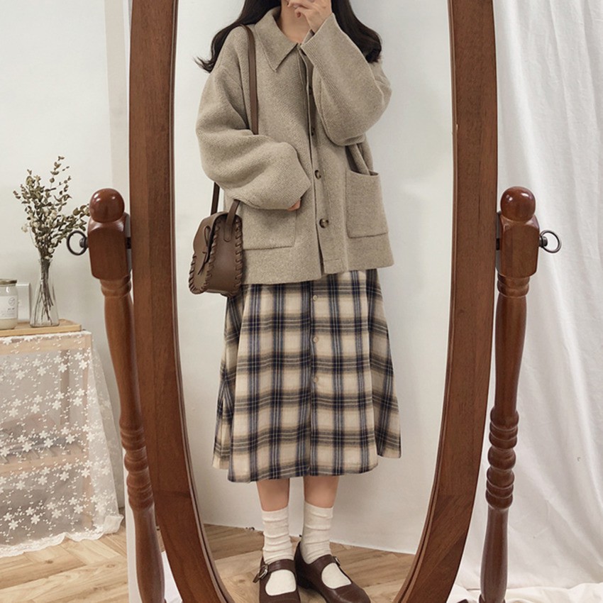 Đầm caro tay dài phong cách thanh lịch cho nữ