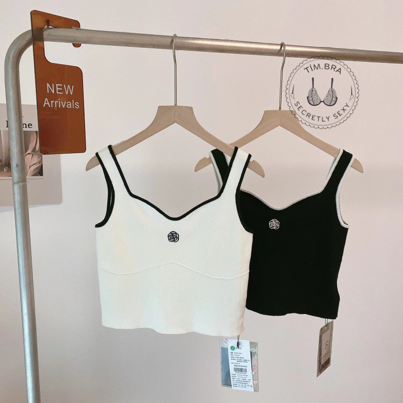 Áo croptop 2 dây bản to thêu hoa hồng giản dị, Áo ba lỗ nữ chất thun gân cao cấp Tím Bra M18