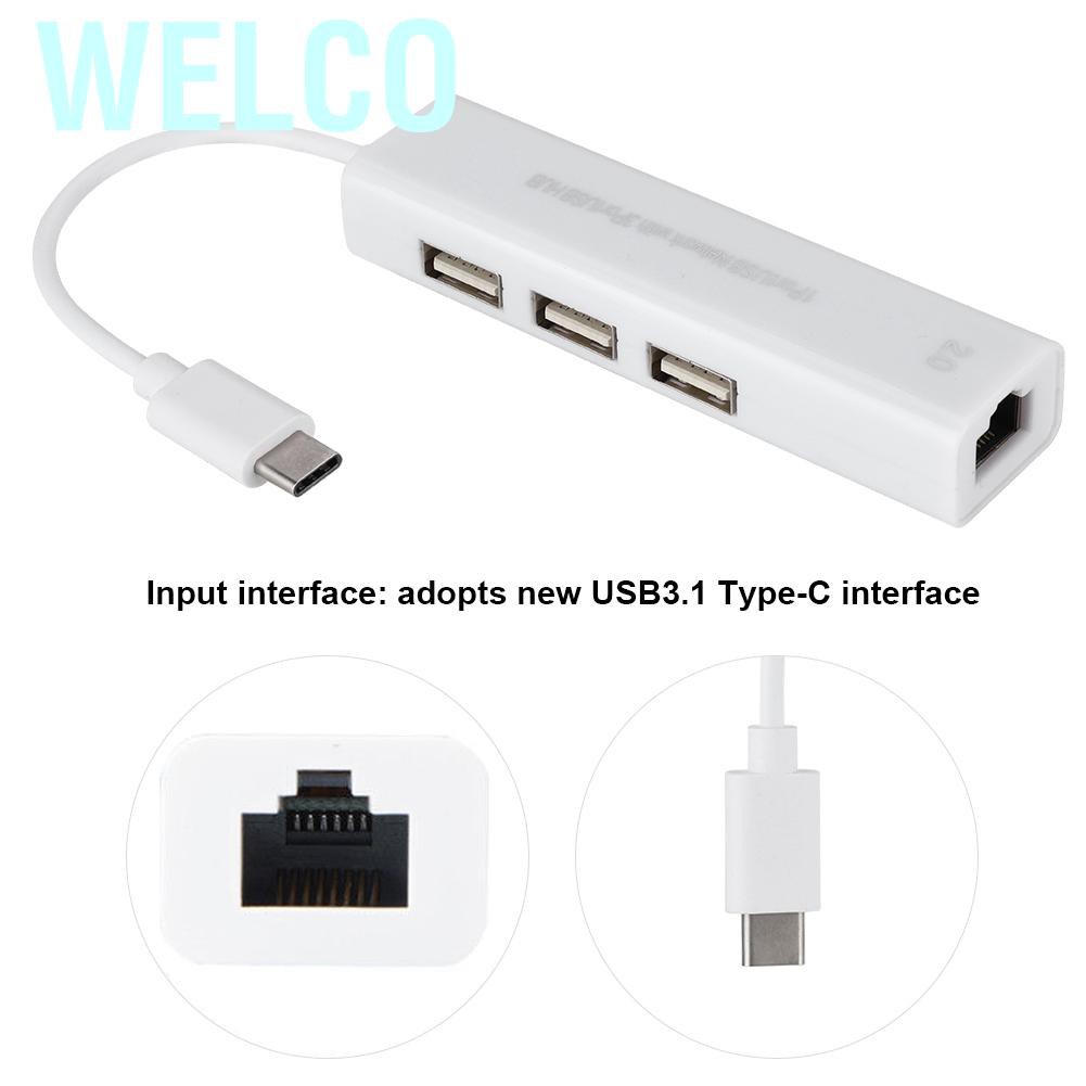 Bộ Chuyển Đổi Welco Usb 3.1 Type-C Male Sang 3 Port 2.0 Hub Female Rj45 100m