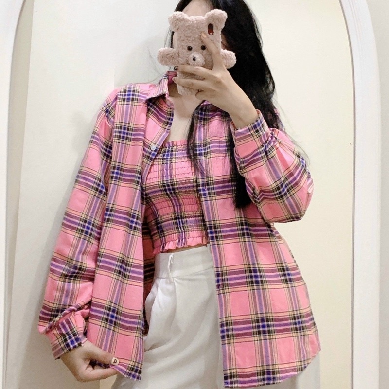Áo Khoác Sơ Mi Caro và Áo Croptop Lót Trong, Chống Nắng Dài Tay Nhiều Màu Unisex Nam, Nữ-ASOMICROPTOP