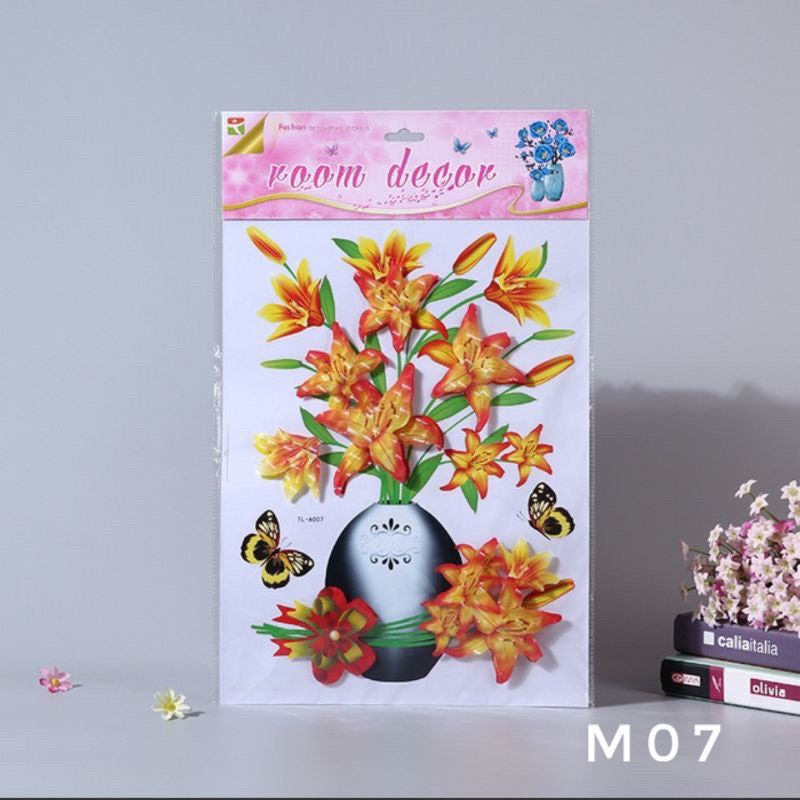 Tranh Decal Dán Bình Hoa 3D Hoa Nổi Trang Trí
