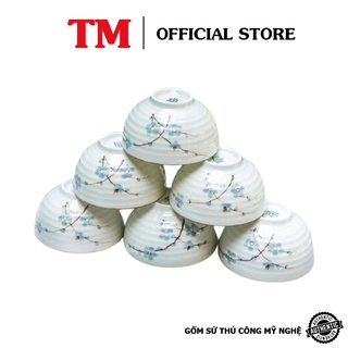 Bộ Bát Chén Ăn Cơm Men Kem Họa Tiết Hoa Sen-Đào Vẽ Tay Xưởng Gốm TM Bát Tràng