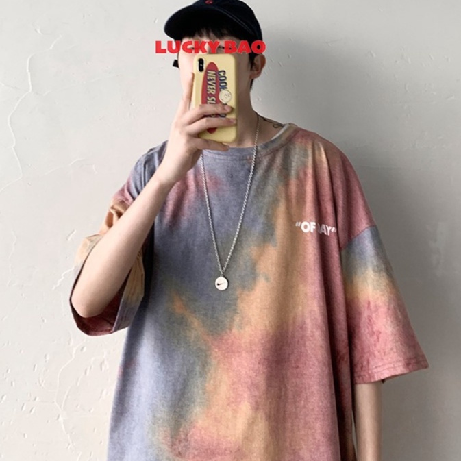 Áo phông nam tay lỡ oversize thời trang ulzzang hàn quốc, Áo thun nam form rộng unisex màu loang cầu vồng đi chơi đi học