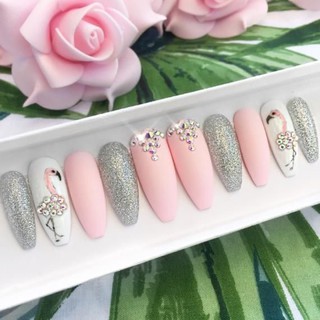 nailbox móng úp thiết kế chim Hồng hạc đính đá  flamingo crystals inbox Chọn shape và size