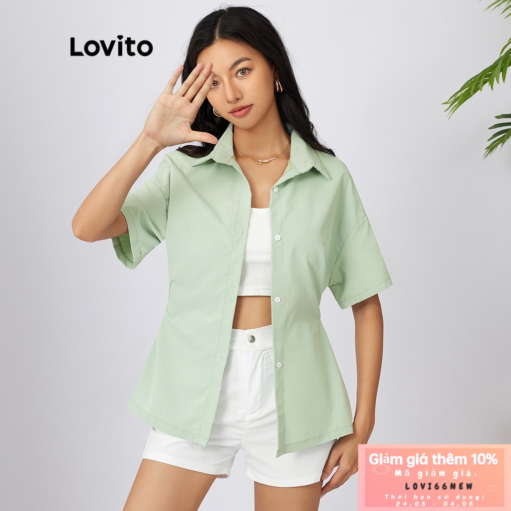 Lovito Nút trơn thông thường Cổ áo màu xanh lá cây nhạt L21AS001 (Màu xanh lá cây nhạt)