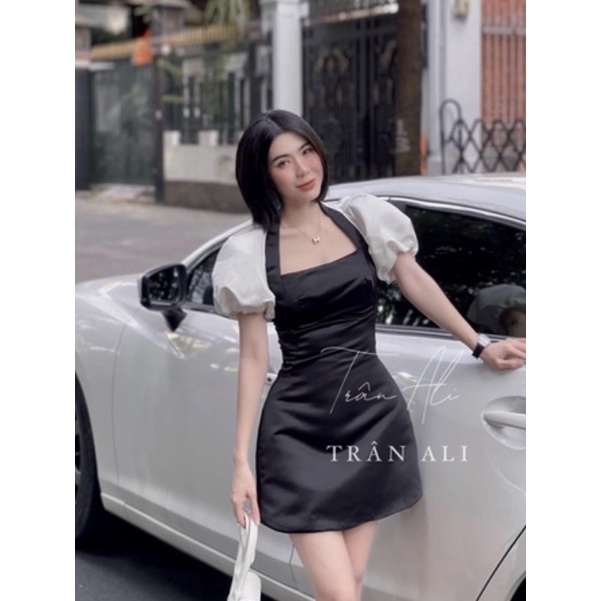 đầm phối tay phồng trắng cổ yếm hở lưng hàng cao cấp