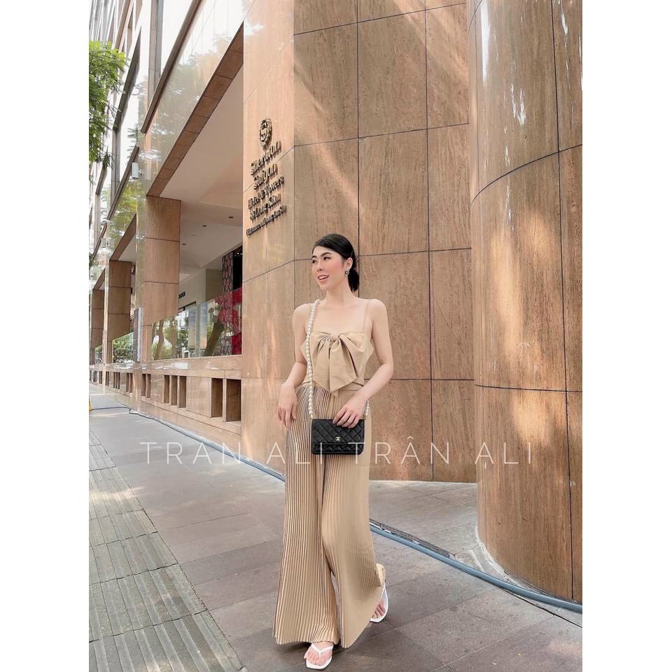 Set Áo Hai Dây Nơ Kết Hợp Cùng Quần Dập Li Sang Chảnh Thiết Kế Đơn Giản Tôn Dáng Cho Các Chị Em, Chất Vải Mềm Mát | BigBuy360 - bigbuy360.vn