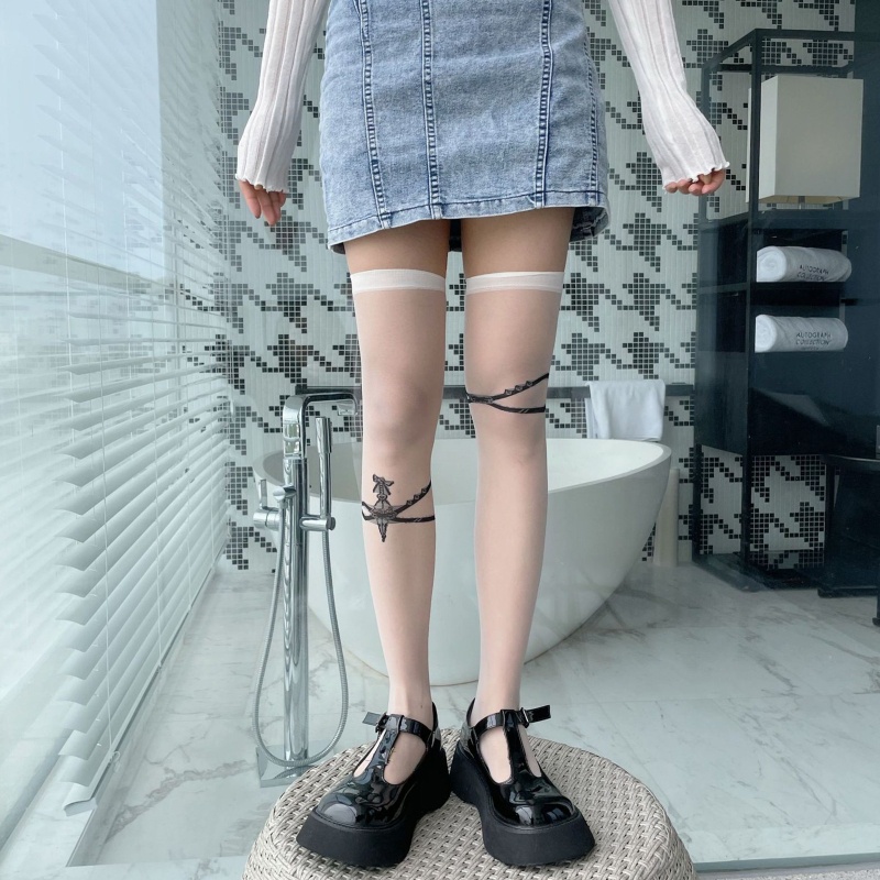 Vớ Dài Qua Gối Vải Lụa Xuyên Thấu In Hình Thanh Kiếm Phong Cách Gothic Cho Nữ