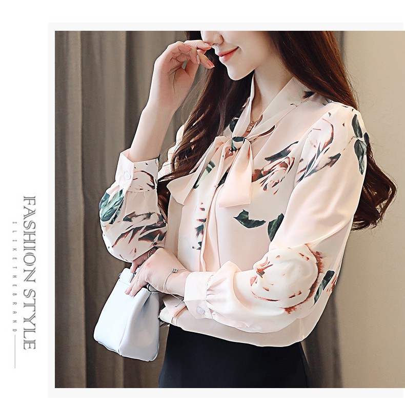 Áo sơ mi công sở nữ hoa hồng cổ nơ