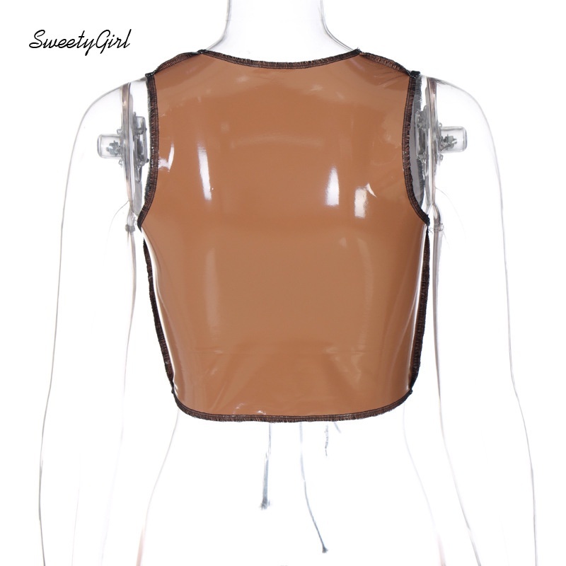 Áo Tank Top Da Pu Dáng Ôm Cắt Sâu Màu Tương Phản Thời Trang Quyến Rũ Cho Nữ