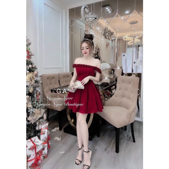 Đầm Nhung trễ vai xoè ly hộp.Váy Nhung trễ vai xoè đẹp.
