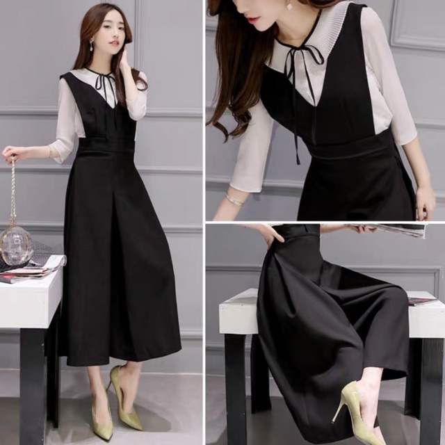 Quần yếm đen dài giả váy ống siêu rộng size L | BigBuy360 - bigbuy360.vn