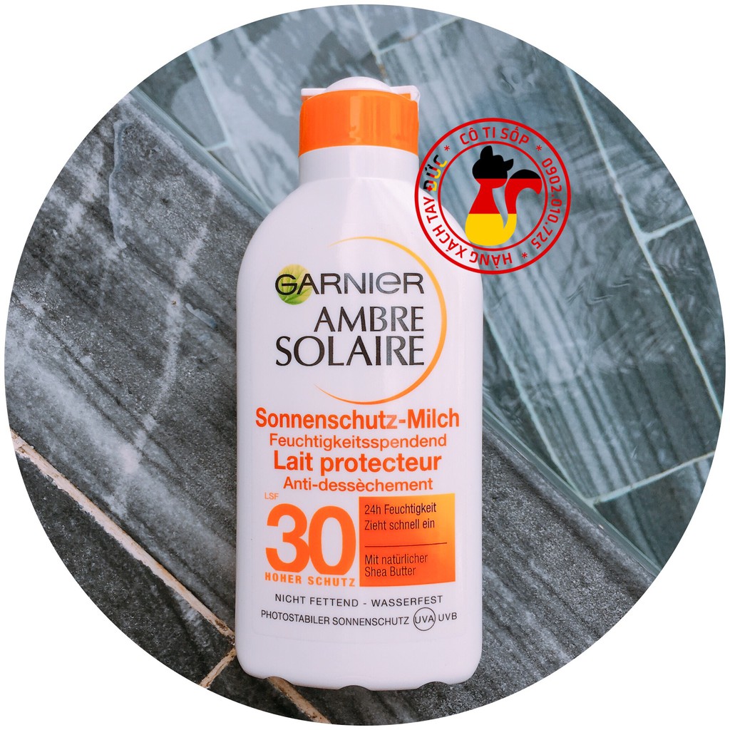 Kem Chống Nắng Chống Nước Garnier Ambre Solaire Sonnenschutz-Milch Spf 30 dạng sữa, 200ml hàng xách tay Đức