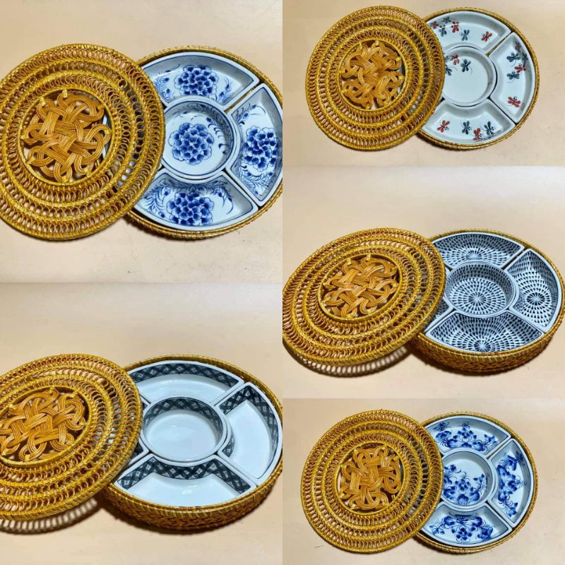 Bộ khay sứ nắp mây 5 mảnh đựng thức ăn, bánh kẹo - Đường kính 30cm - Gốm sứ Bát tràng