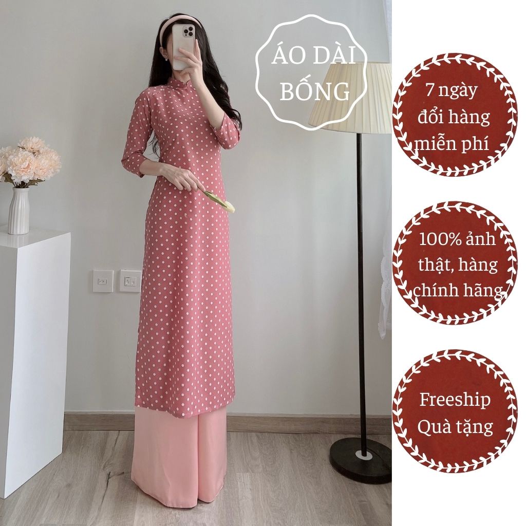 Áo dài cách tân chấm bi may sẵn bằng lụa tơ đũi cao cấp dành cho nữ học sinh