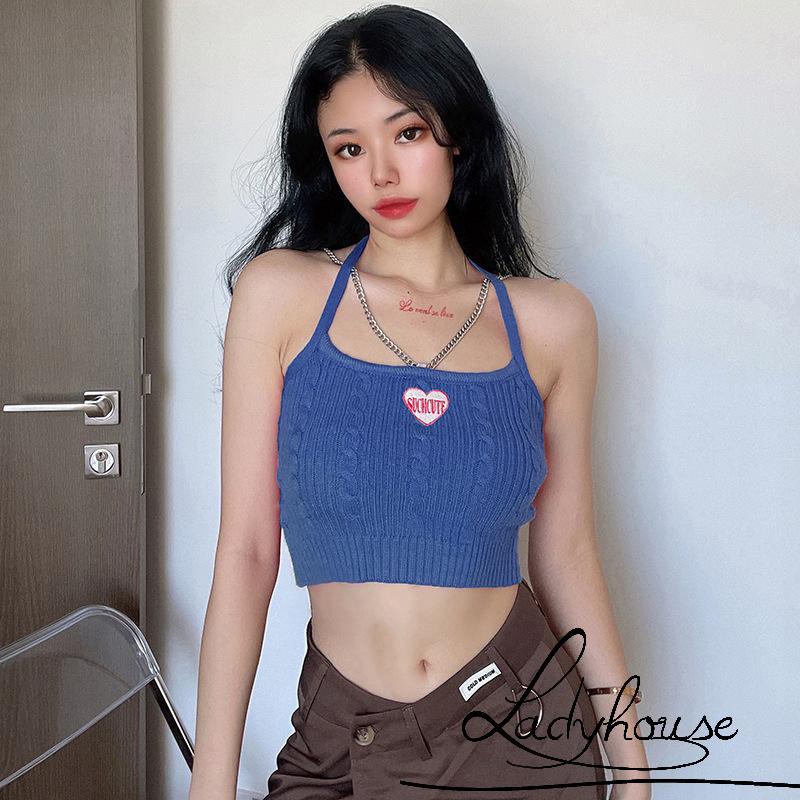 Áo Croptop Dệt Kim Hai Dây Không Tay Thêu Họa Tiết Trái Tim Thời Trang Mùa Hè Cho Nữ