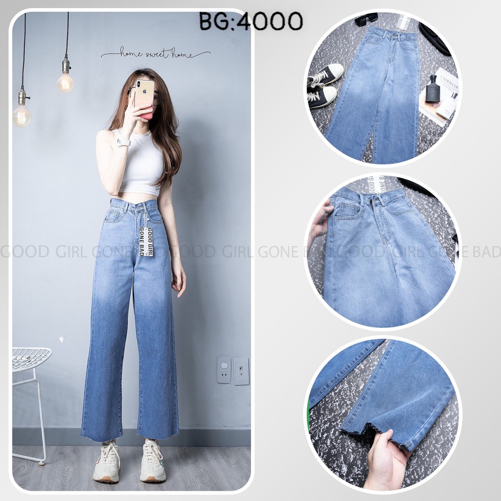 Quần Baggy Ống Rộng Jean Nữ Lưng Cao Trơn Loang 2 Màu Kiểu ULZZANG