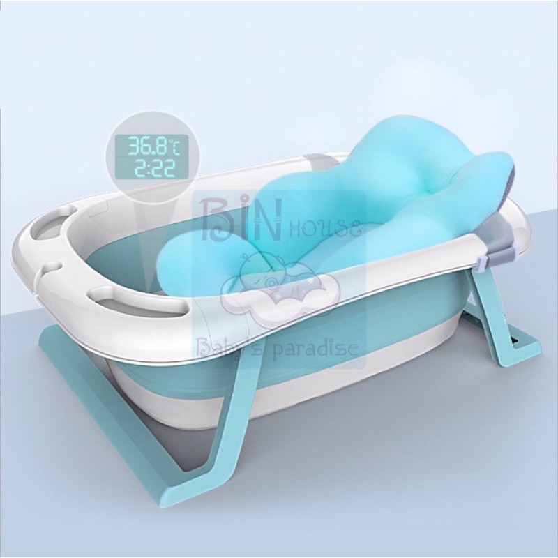 Chậu tắm gấp gọn có nhiệt kế, có giường phao tắm cho bé
