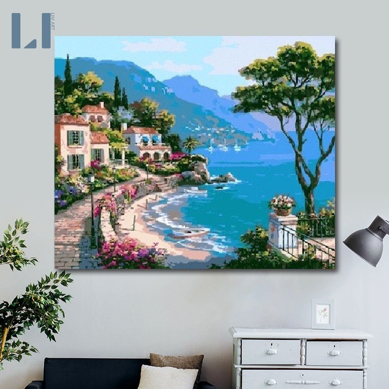 Tranh sơn dầu số hóa tự tô có khung chuẩn màu LIM Art - Tranh tô màu theo số phong cảnh biển