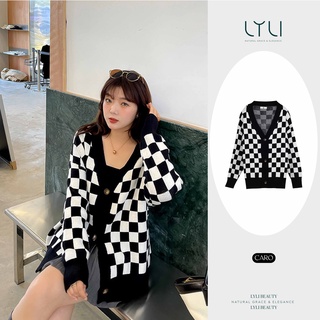 Áo khoác cardigan nữ hoạ tiết bàn cờ Lylibeauty chất áo len nỉ form rộng - dáng dài chất nỉ dày dặn giữ form TL17
