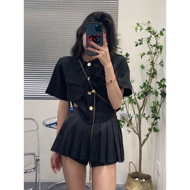 Hot!F &amp; X Set Áo Sơ Mi Phối Chân Váy Xếp Ly Eo Cao Thời Trang Mùa Hè Phong Cách Hàn Quốc Dành Cho Nữ