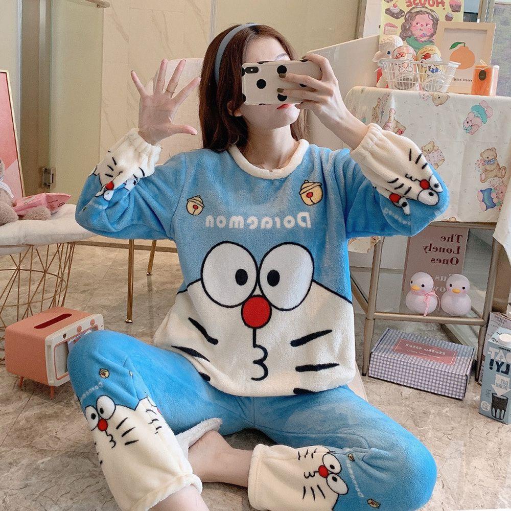 Bộ Đồ Ngủ Lông Cừu San Hô Dáng Rộng In Hoạt Hình Despicable Me Kiểu Hàn Quốc Thời Trang Thu Đông Cho Bạn Gái