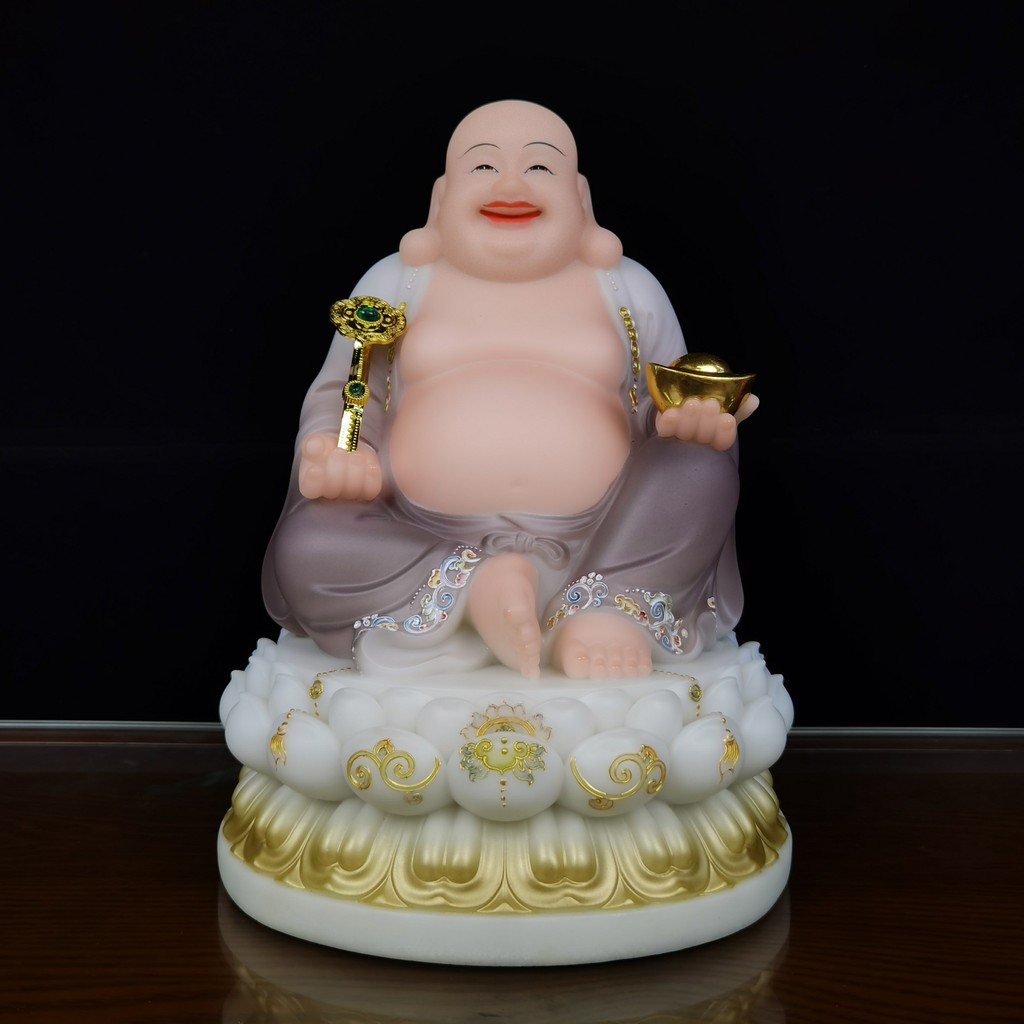 Tôn tượng Di Lặc Ngồi Đài Sen Cầm Gậy Như Ý Bằng Bột Đá Cao Cấp - Phật Giáo Tường Thuận