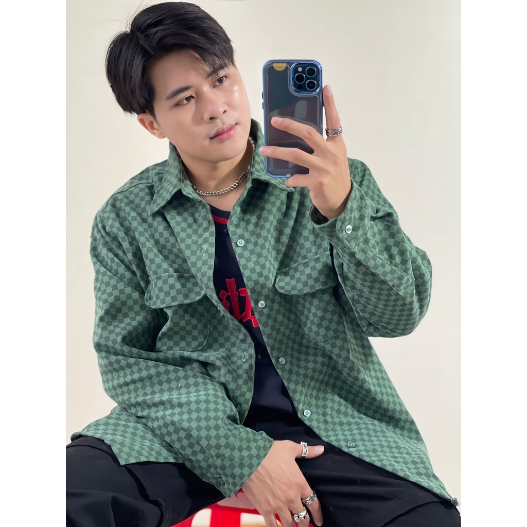 Áo Sơ Mi Kẻ Caro Xanh Lá Dài Tay Unisex Phong Cách Street Style Hàng Trung Cao Cấp 9T5SM2-XL