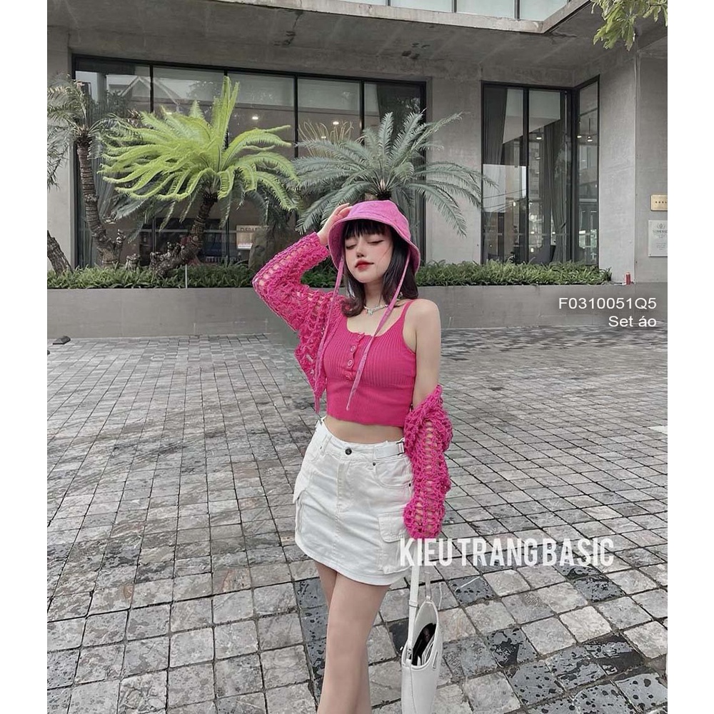 Set cặp áo len hồng áo khoác lưới tay dài kèm áo croptop gài nút ngực 2 dây hàng đẹp QC!