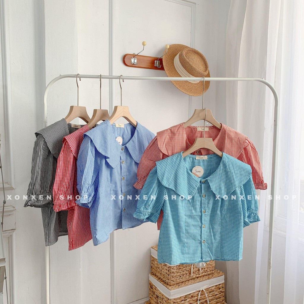 Áo kiểu caro cổ bèo chất vải mềm mịn lên form chuẩn Xonxen shop free size 76