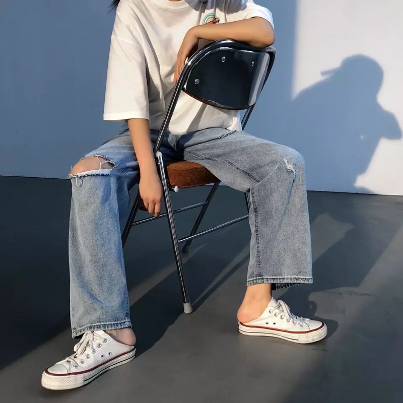 QUẦN BAGGY JEANS ỐNG RỘNG RÁCH DÁNG ĐỨNG PHONG CÁCH HÀN QUỐC-QJR022-THỜI TRANG UNISEX-Dể phối đồ rách gói màu xanh bạc