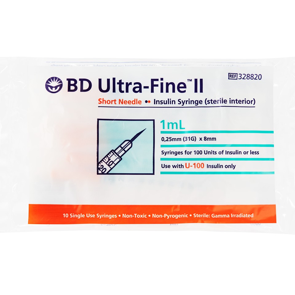 Bơm tiêm insulin  BD Ultra-Fine™ 8mm, 1cc 31G dành cho người điều trị tiểu đường, hộp 10 túi  (10 cây/túi)