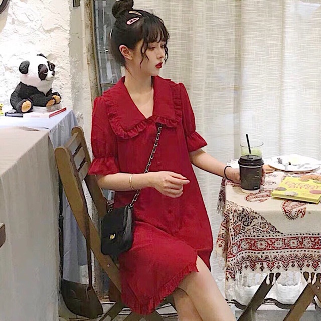 Đầm đỏ suông cổ bèo nút bọc (kèm hình thật) | BigBuy360 - bigbuy360.vn