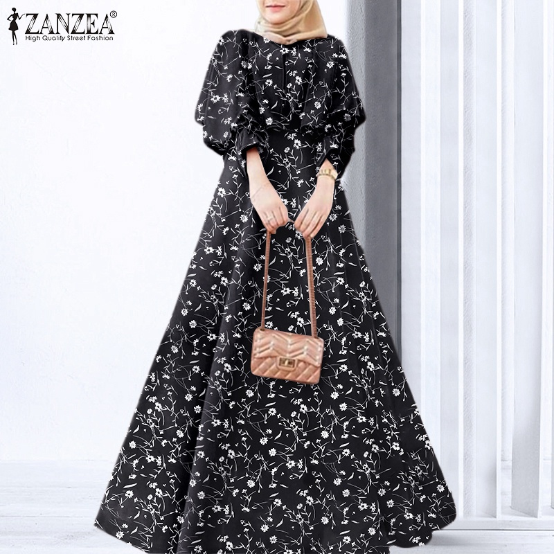 Đầm dài ZANZEA tay phồng thời trang phong cách Hồi Giáo tùy chọn màu sắc dành cho nữ