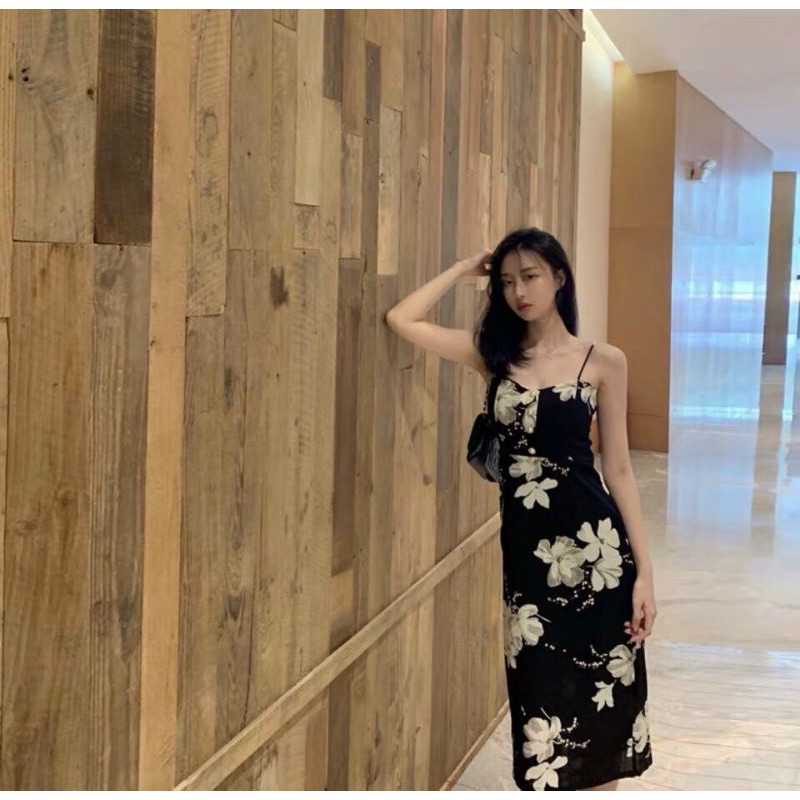 ĐẦM HOA LAN 2 DÂY MAXI NỀN ĐEN CÓ ẢNH THẬT