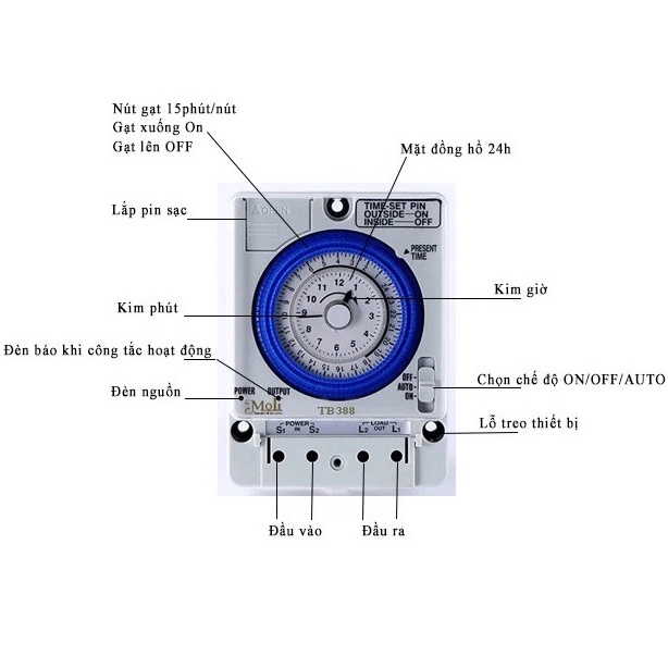 Công tắc thời gian ALION TB388 - Hàng Chính Hãng, Timer 24H, Bộ đặt thời gian 24 giờ, Đồng hồ thời gian