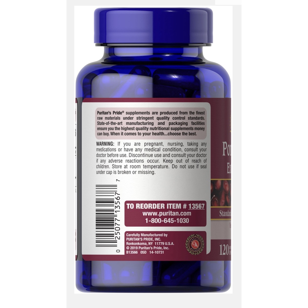 Viên Uống Lựu Chống Nắng Nội Sinh, Trắng Da, Giảm Nám Pomegranate Extract 250mg Puritan's Pride
