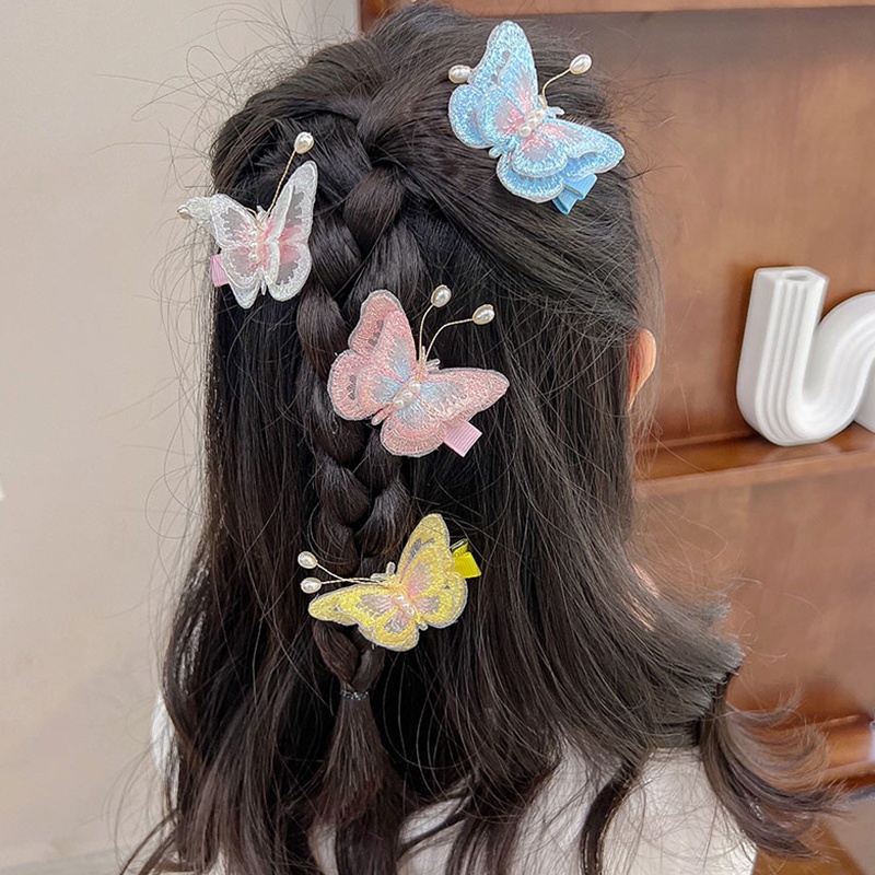 Kẹp Tóc Lưới Thêu Hình Bướm Hai Lớp Đính Ngọc Trai / Bướm Màu Gradient Thanh Lịch