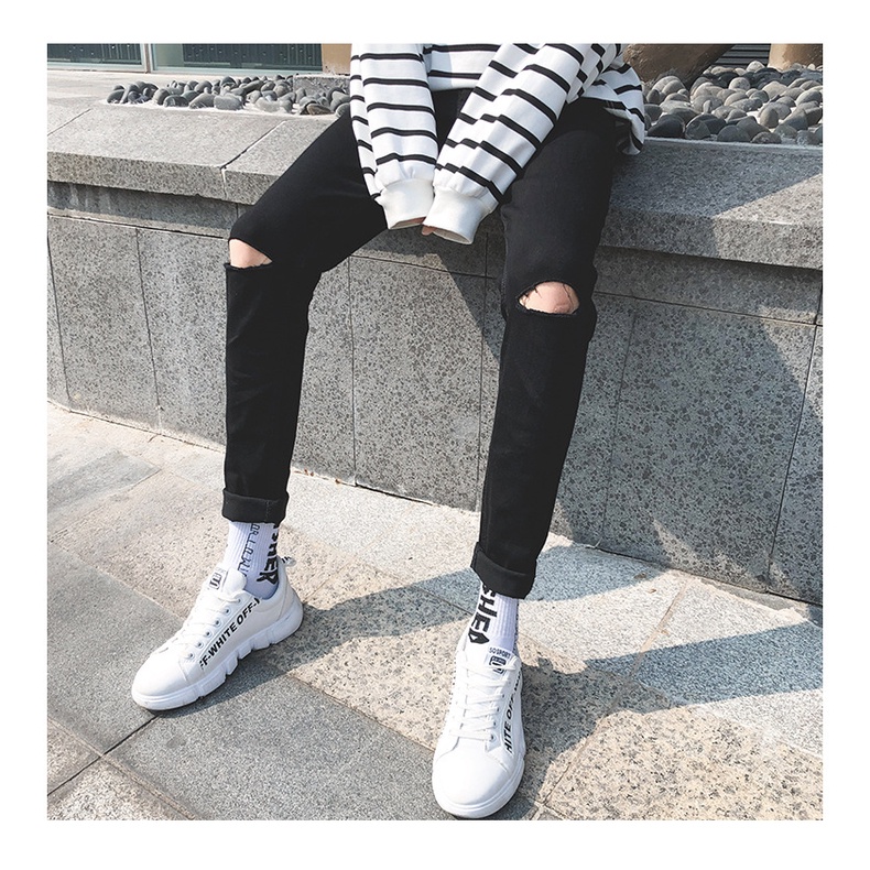 Quần jean màu đen rách 2 bên gối , 2 màu đen và xanh , co giãn nhẹ giữ phom dáng hàn quốc | BigBuy360 - bigbuy360.vn