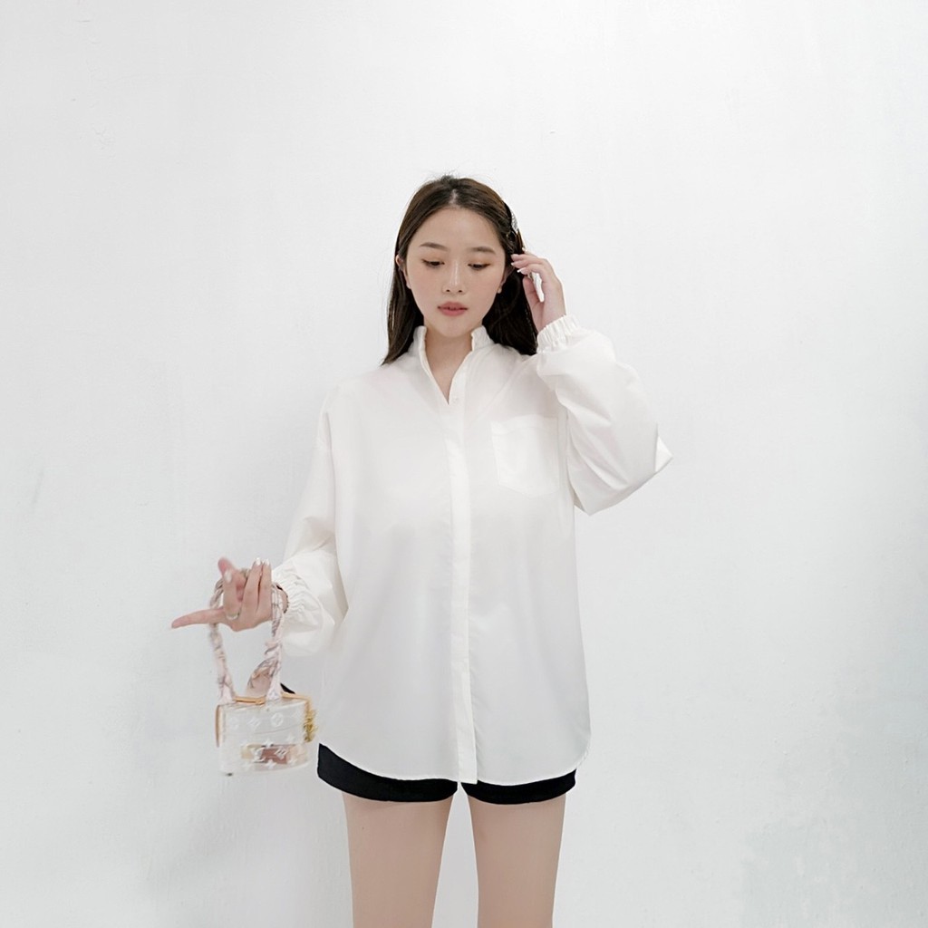 Áo sơmi cổ tàu rút dây chống nhăn trắng tingoan sài gòn HAZY BABY SHIRT/WH