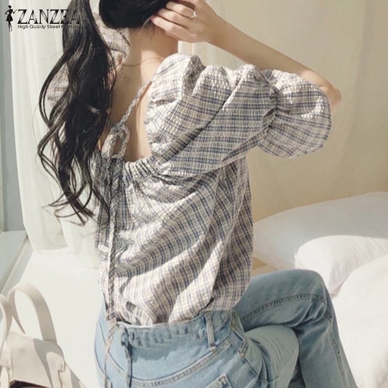 ZANZEA Áo Kiểu Tay Phồng 3/4 Cổ Vuông Thời Trang Hàn Quốc Cho Nữ