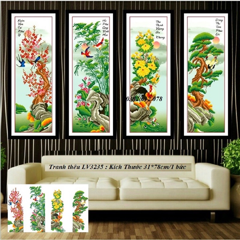 Tranh Thêu Tứ Quý Tùng Cúc Trúc Mai Tự Thêu Lv3235(127*78),223046(127*78