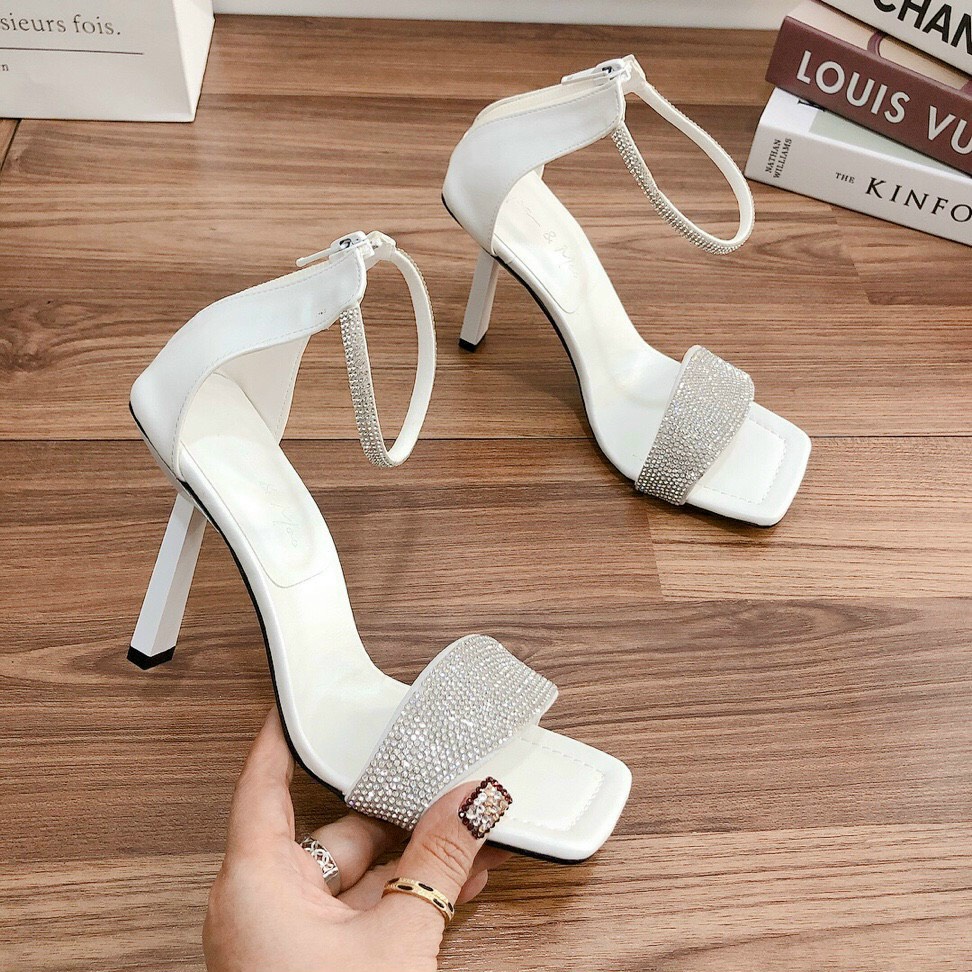 Sandal cao gót nhọn 9p bản quai ngang xoàn đá hàng chuẩn form chất da mềm đẹp