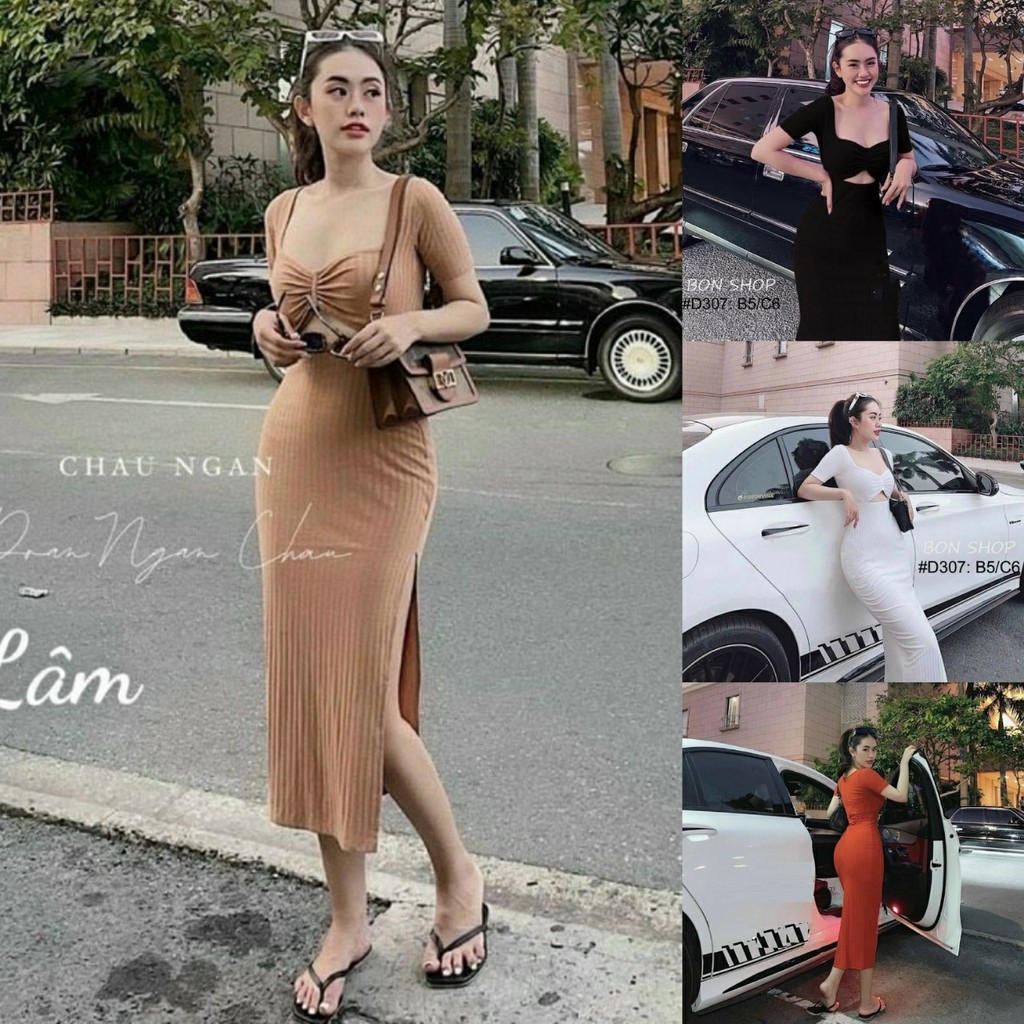 Đầm Body Nhún Ngực Khoét Eo Xẻ Đùi Chất Thun Gân Thích Hợp Mặc Đi Tiệc Đi Làm Đi Chơi