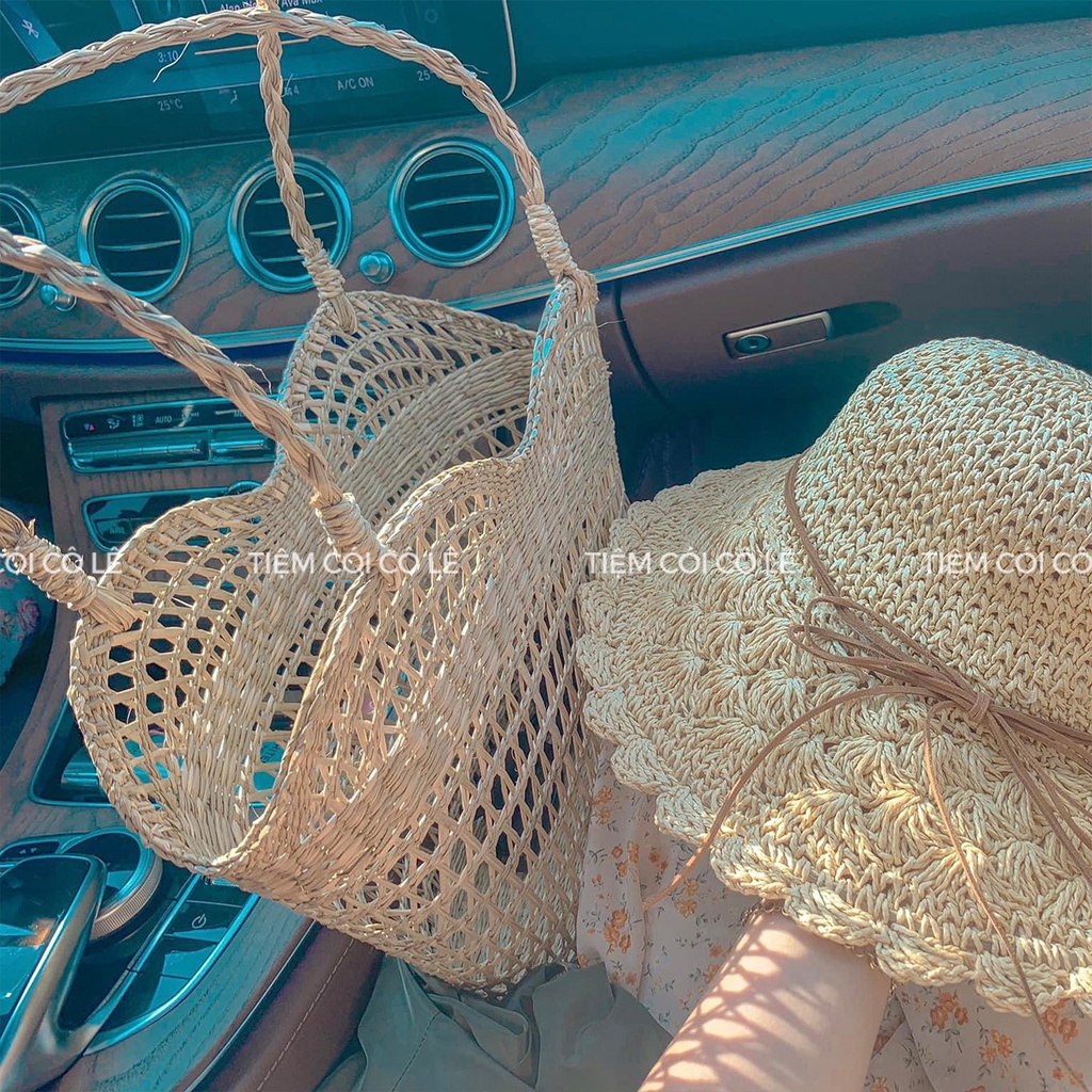 Làn cói tim đan thưa, túi xách đi biển phụ kiện decor chụp ảnh lookbook - Tiệm Cói Cô Lê