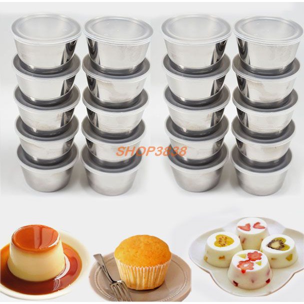 combo 10 khuôn flan + 10 Nắp Inox + 10 nắp nhựa khít