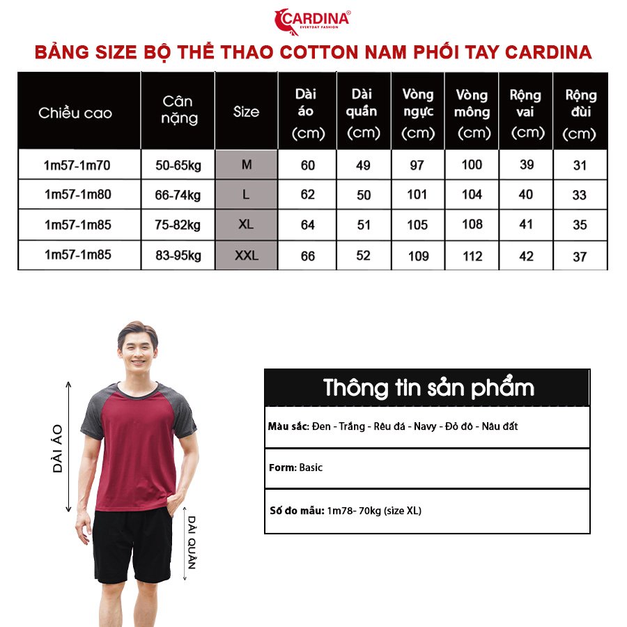 Đồ Bộ Nam 𝐂𝐀𝐑𝐃𝐈𝐍𝐀 Chất Cotton Cao Cấp Áo Cộc Tay Phối Màu Kiểu Dáng Thể Thao 2CM01