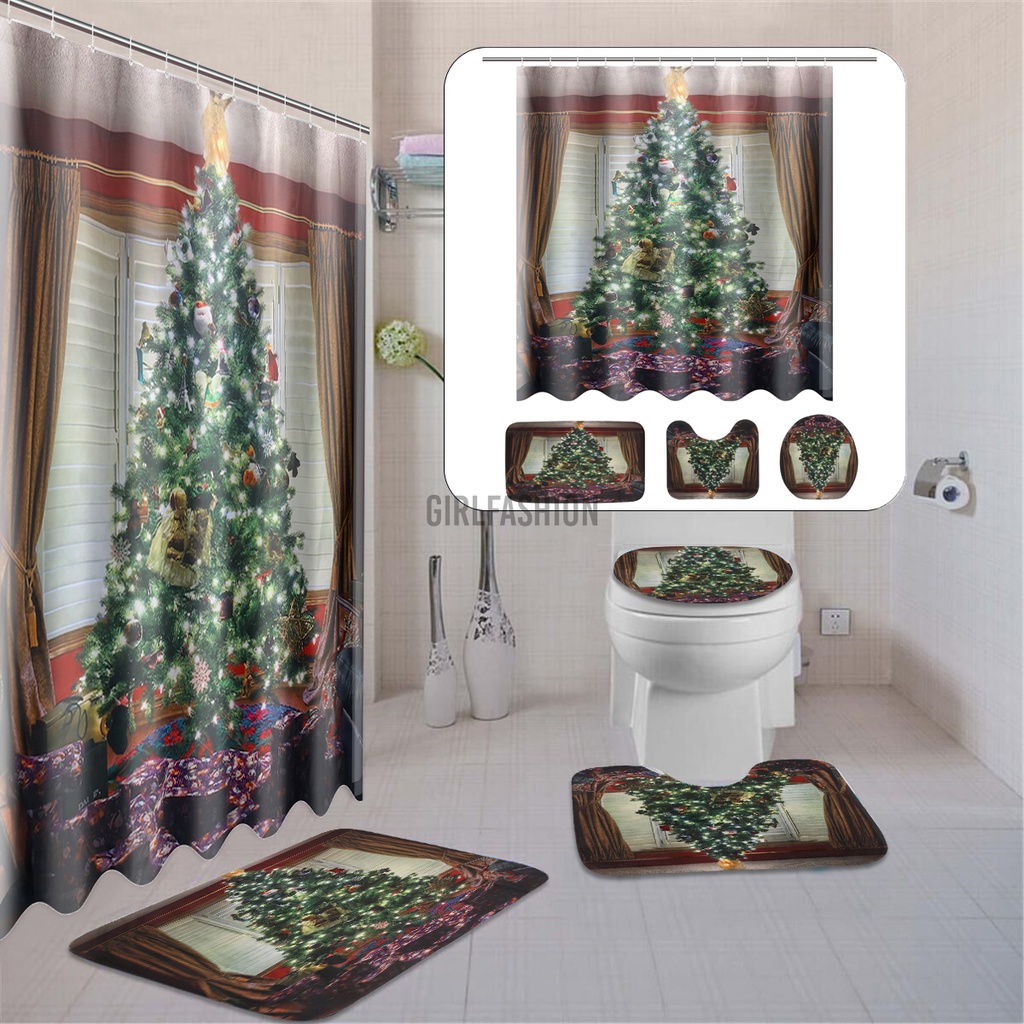 1/3/4PCS Merry Christmas Tree Shower Curtain Bath Pad Pedestal Rug Lid Toilet Cover Mat for Bathroom Christmas Decoration