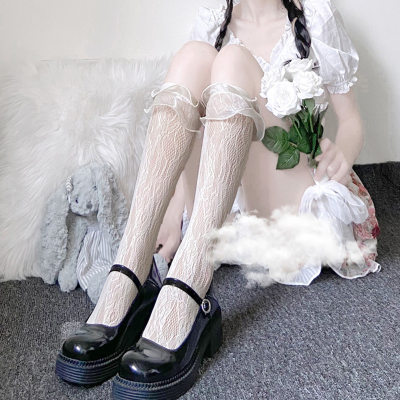 Youyo Vớ Lưới Xuyên Thấu Cao Qua Gối Phối Ren Hoa Xếp Nếp Phong Cách Lolita Nhật Bản Mùa Hè Cho Nữ