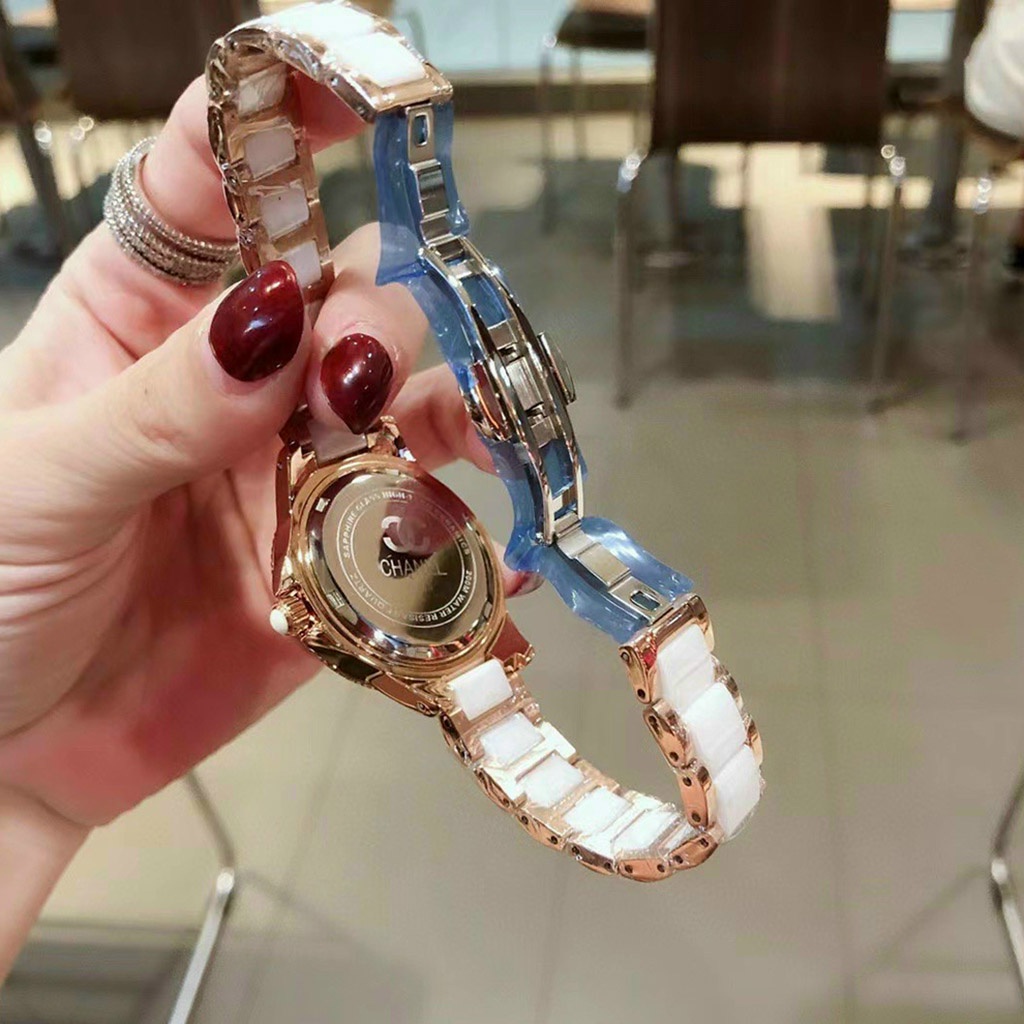 Đồng hồ nữ CN055 đá Ceramic, Đồng hồ nữ đẹp mặt tròn hoa dây dmi cao cấp sang trọng